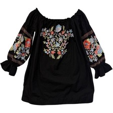 Free People Embroidered Off The Shoulder Black Mini Dress Boho Festival S
