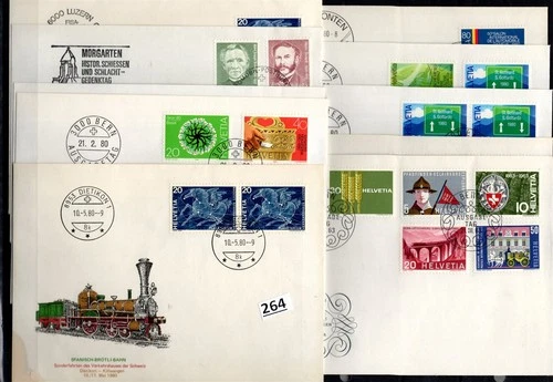 # SWITZERLAND 1980 - 10 FDC - SCOUTS - ANIMALS - HORSES - TRAINS - LOCOMOTIVES