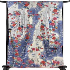 JAPANESE KIMONO FURISODE BLUE-GRAY 159cm 5 ft 3 in PURE SILK B2962