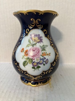 VINTAGE ECHT KOBALT REICHENBACH VASE WITH PINK ROSE SPRAY AND GOLD TRIM 6'' HIGH