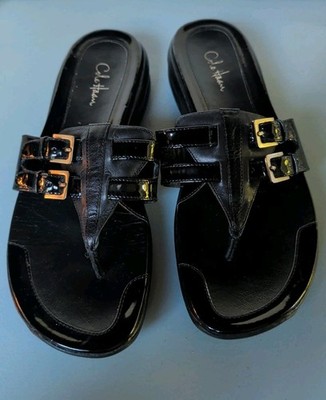 Cole Haan WOMENS 7.5 Black Patent Leather Beatrix Sandals Thong Buckle Flipflops