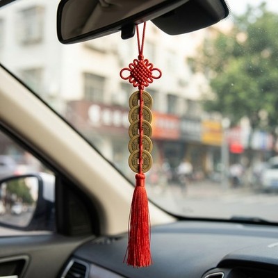 Chinese Feng Shui 5 Coins Knot Tassel Hanging Ornament for Car and Home