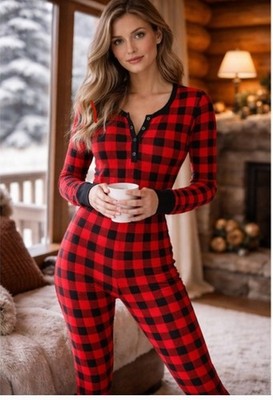 Victoria's Secret Thermal One Piece Pajama Lounge Red Black