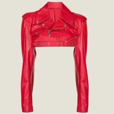 Women's Bold Red Leather Crop Jacket Cut Out Silver Studded Biker Coat