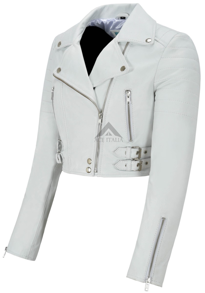 Ladies Leather Jacket White Short Fitted Biker Style 100% REAL