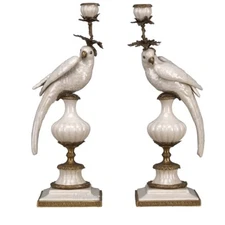 Bronze Ormolu White Crackle Parrot Bird Oriental Porcelain Candle Holders Set/2