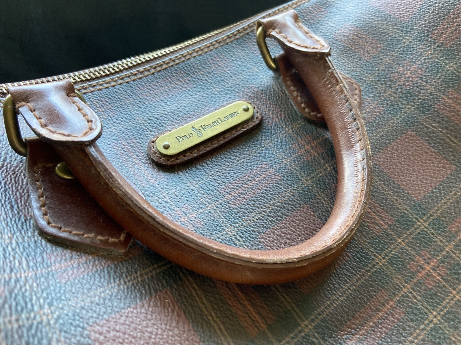 Vintage Polo Ralph Lauren Plaid Burgundy Zip Leather Boston Bag 