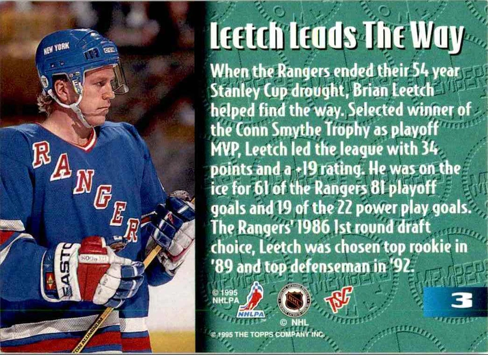 1995-96 Topps Stadium Club Members Only Brian Leetch #3 - Image 2 of 2