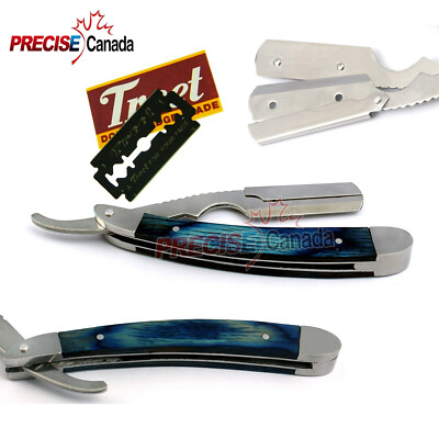 Stylish Straight Barber Edge Folding BLUE Wood Razor Shavette + 100 Blades 