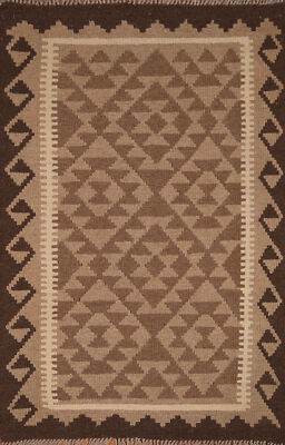 Brown Kilim Rugs Rectangle Flatweave Pile Wool Kelim Carpets 3x5 ft