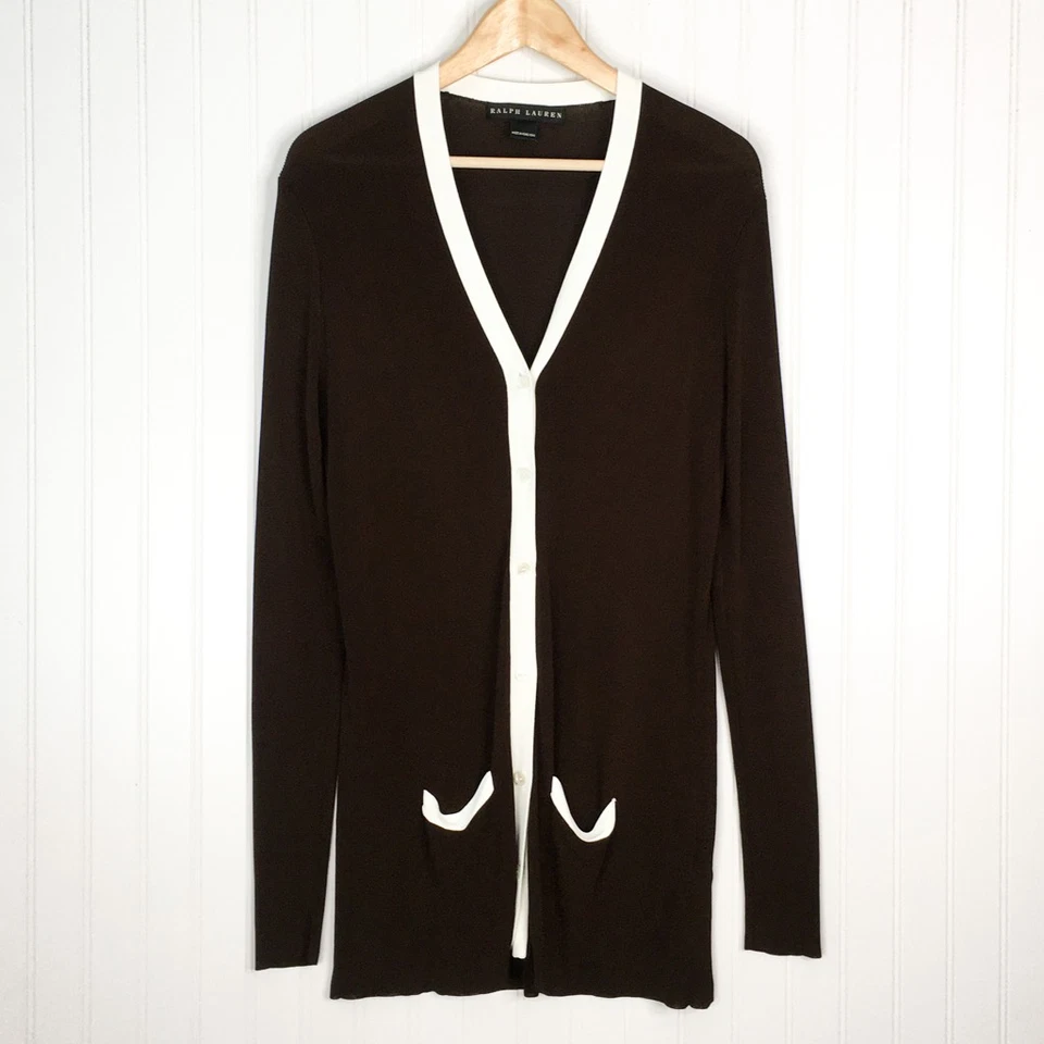 Ralph Lauren Mujer Cárdigan Suéter Conjunto Marrón Viscosa Color Bloque Manga Larga L Foto 2 de 4