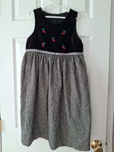 Vintage Hartstrings Girls Size 7 Sleeveless Embroider Cherry Detail Dress Black