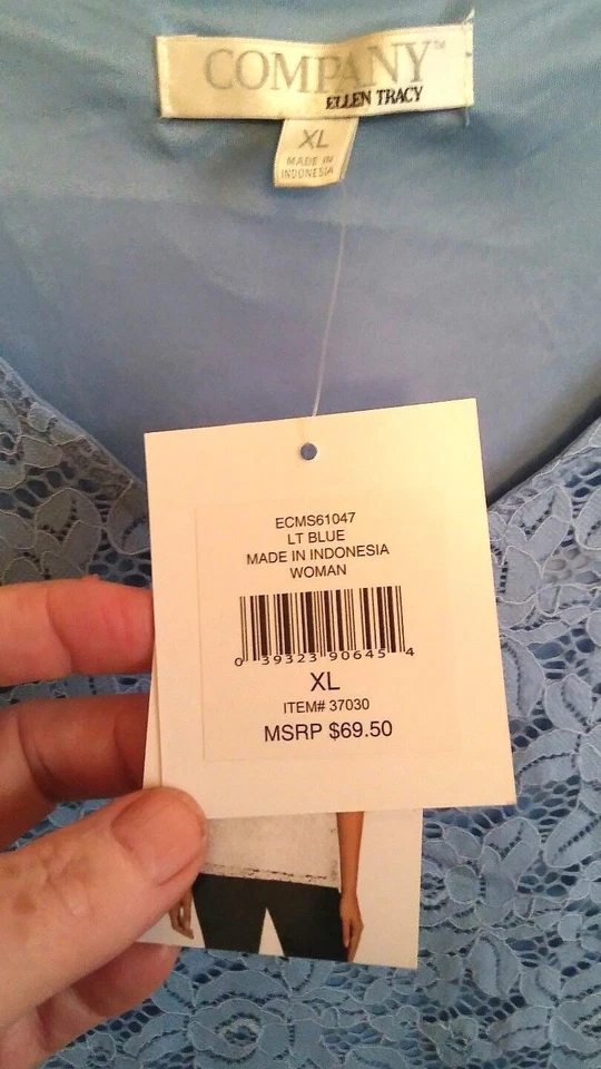 NUEVA CAMISETA SIN MANGAS MUJER ELLEN TRACY COMPANY AZUL FORRADA ENCAJE XL $69 NUEVA CON ETIQUETAS Foto 4 de 4