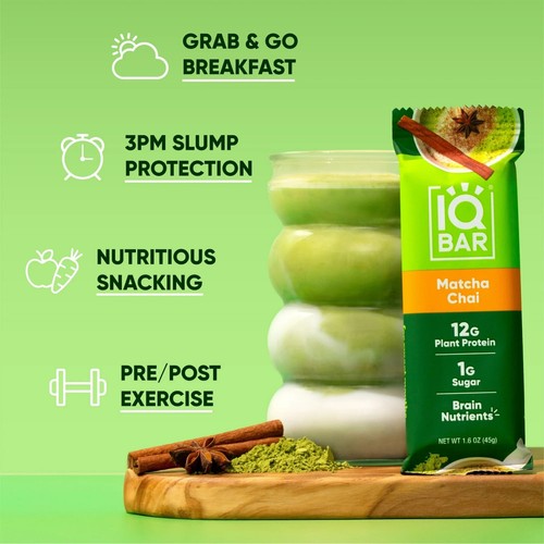 IQBAR Brain and Body Matcha Chai Keto Protein Bars - Low Carb, Low Sugar 12 Bars - Picture 3 of 3
