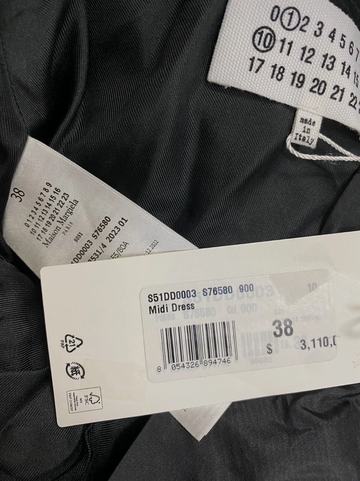 Abito midi Maison Margiela da donna nero seta raccolto fiocco $3111 taglia 38