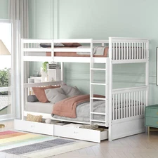 Twin Over Twin Wood Bunk Bed with Ladder Sturdy Bed Frame Chileren Bedroom US