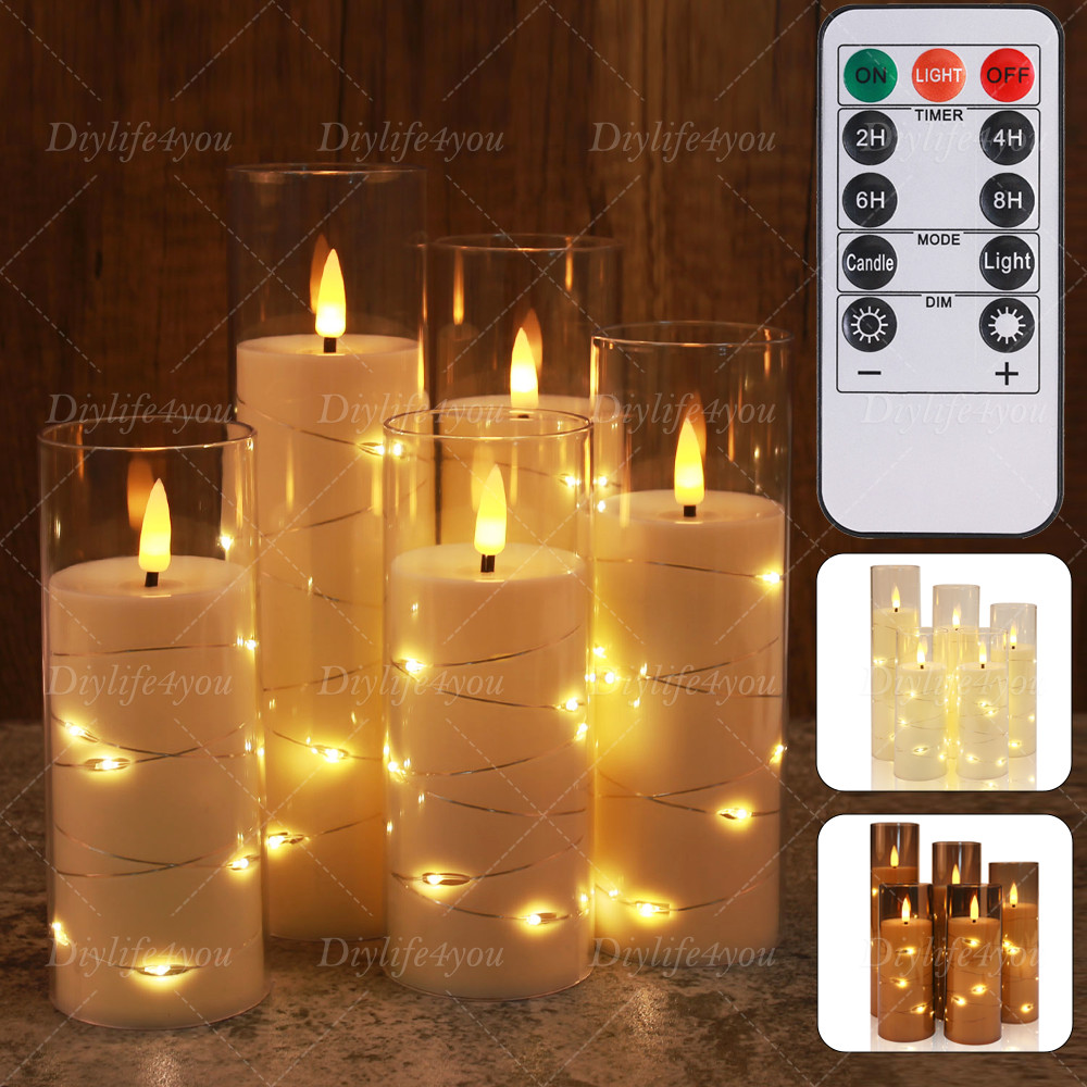 5PCS Flackernden Flammenlose LED Kerzen mit Lichterkette Timer Fernbedienung