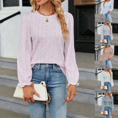 Long Sleeve Blouses for Women Round Neck Ruffle Cuffs Casual Loose Summer Tops