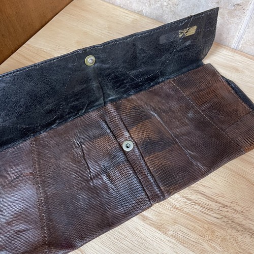Vintage 80s Brown Lizard Exotic Leather Clutch Long Rectangle Handbag Purse - Picture 15 of 24
