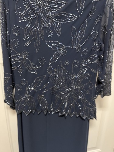 J Kara Women's Petite floral Beaded Pop Over Gown Navy/Luster/Grey Size 14P - Picture 5 of 7
