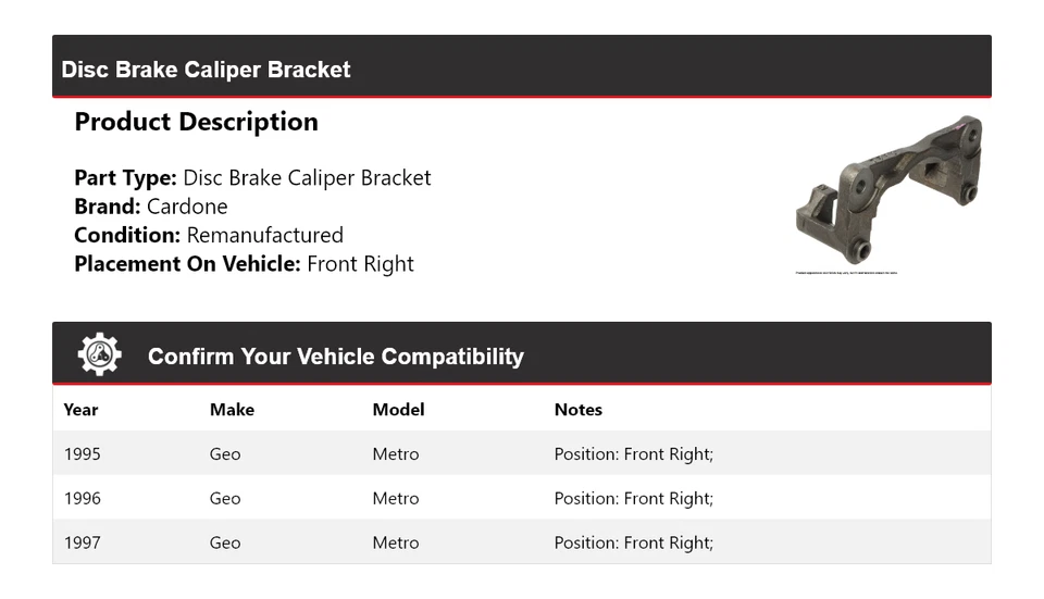 Кронштейн суппорта дискового тормоза передний правый Cardone 1996 для 1995-1997 Geo Metro - Изображение 2 из 4
