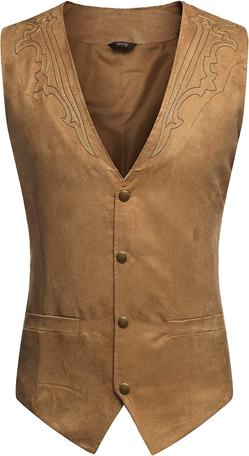COOFANDY Men's Suede Leather Suit Vest Casual Western Vest Jacket Slim