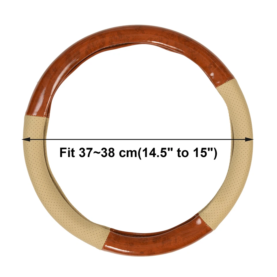 Beige Leather Car Steering Wheel Cover Wood Grain Breathable Anti-slip 15''  - Image 3 of 4