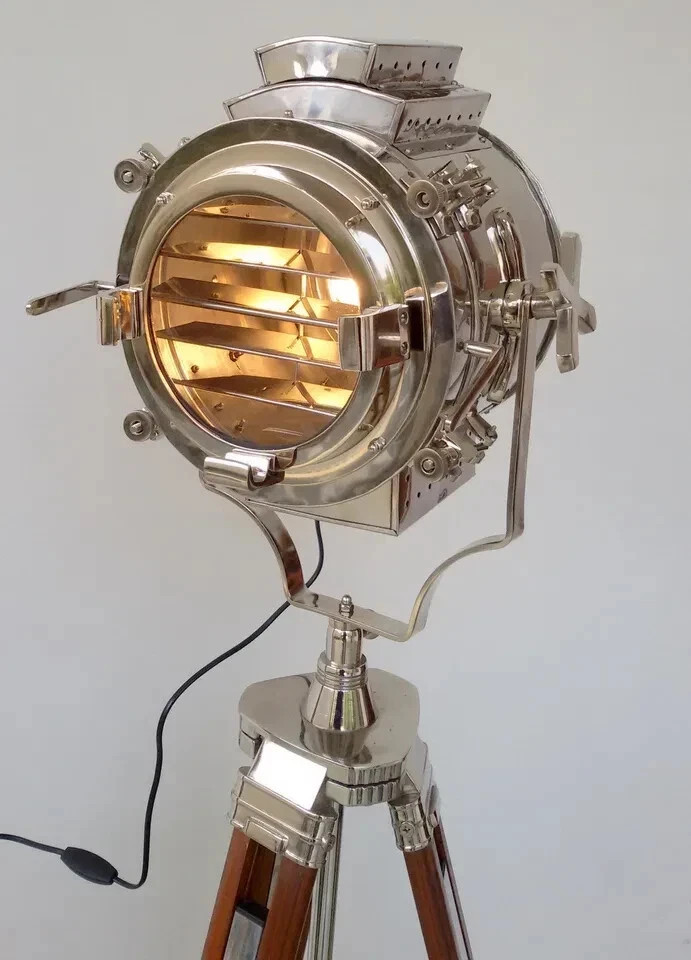 Lampada da terra vintage Hollywood da collezione faretto in legno treppiede p... foto 3