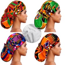 4 PCS XL Satin Lined Scrub Caps Buttons Adjustable Tie Back Long Hair Women