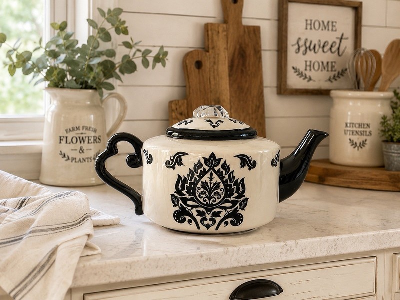 222 Fifth Damask Black and White Teapot & Lid - Discontinued