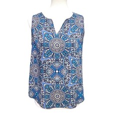 Artsy Renee C. Blue Mandala Paisley V-Neck Sleeveless Split Back Top S USA Made