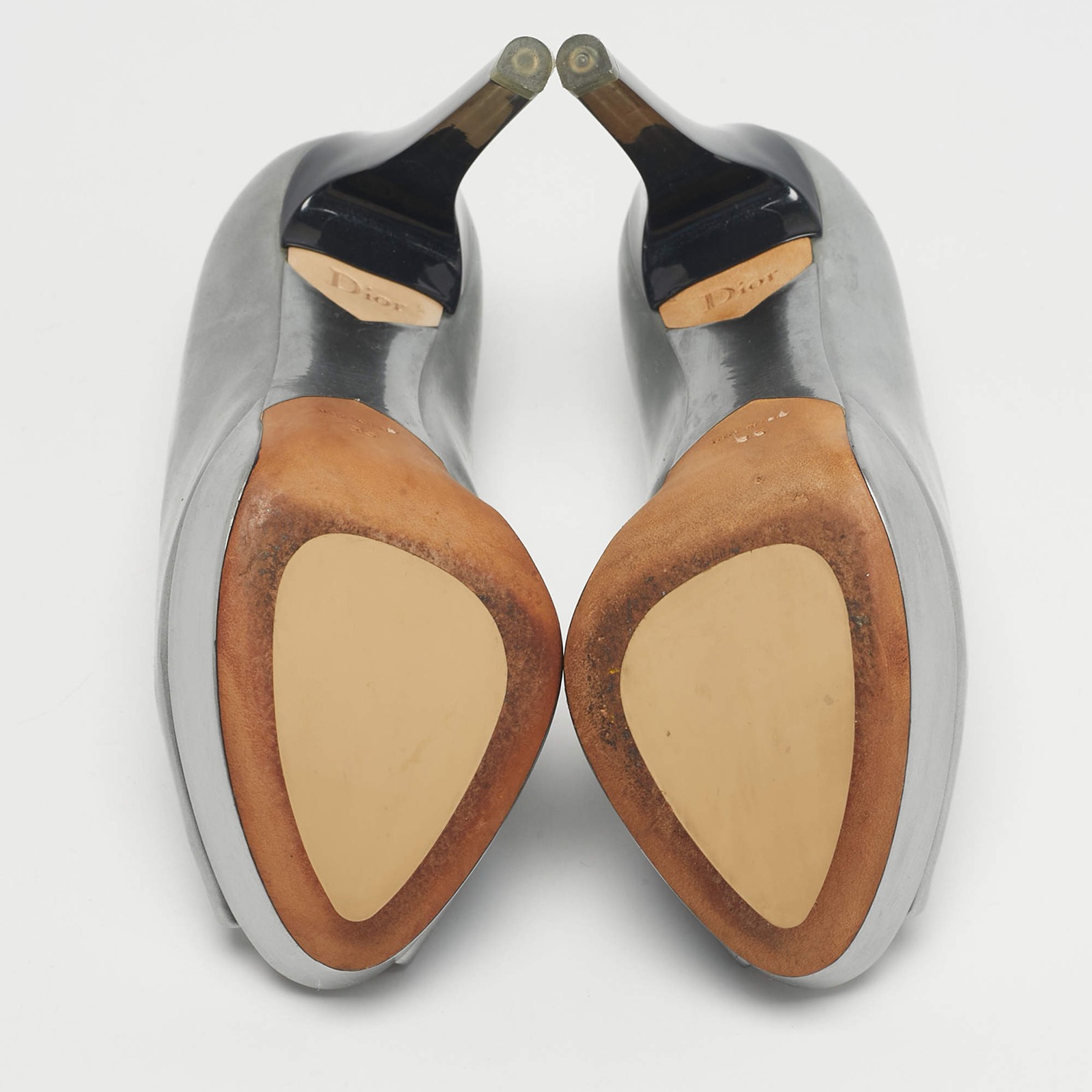 Dior Silver Patent Leather Miss Dior Peep Toe Pumps Size 35 thumbnail 6