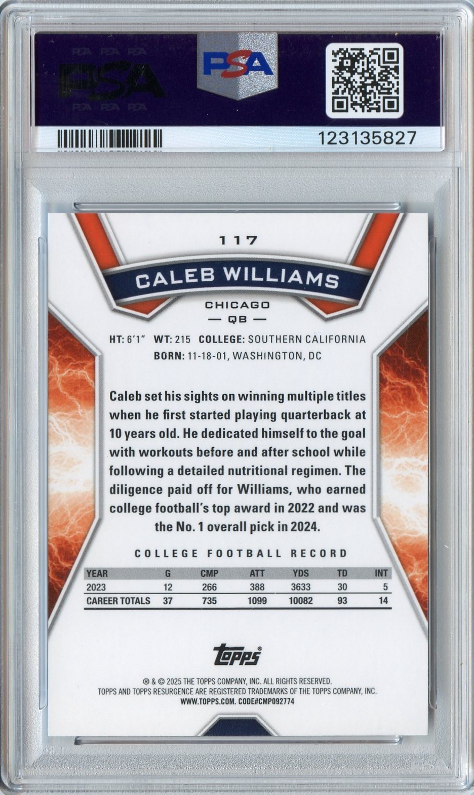 CALEB WILLIAMS 2024 TOPPS RESURGENCE BLUE & ORANGE SPARK ROOKIE #117 PSA 10 RARE view 2