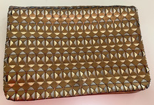 Vintage CEM Woven Leather Bronze Gold Silver Clutch Purse Bag Optional Crossbody