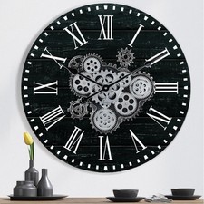 Schwarz Wanduhr Große mit Beweglichen Zahnrädern, Industriell Steampunk XXL W...