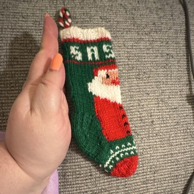 Handmade Knit Christmas Stocking Ornament Santa Green Red White Small  Sassy 