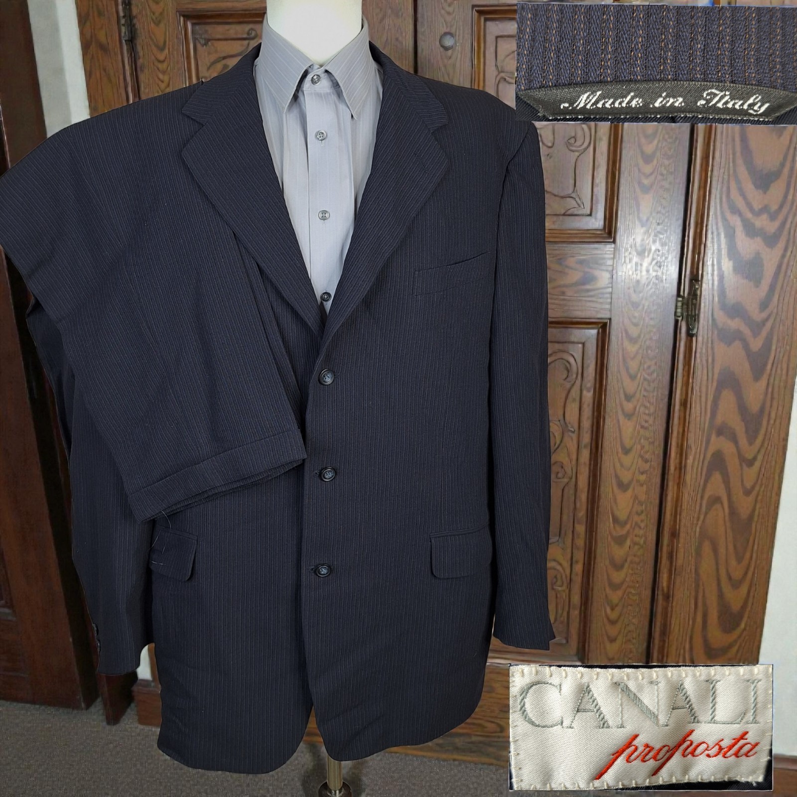 Canali Proposta 2 Piece Suit Mens 46L 38X33 Dark Navy Stripe 3 Button Wool