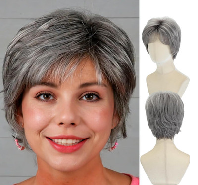 Short Gray Pixie Cut Wig for White Women Curly Synthetic Wig Heat Resistant Wig