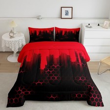 Kids Red Honeycomb Comforter Set Queen Size Hexagonal Bedding Set for Teens D...