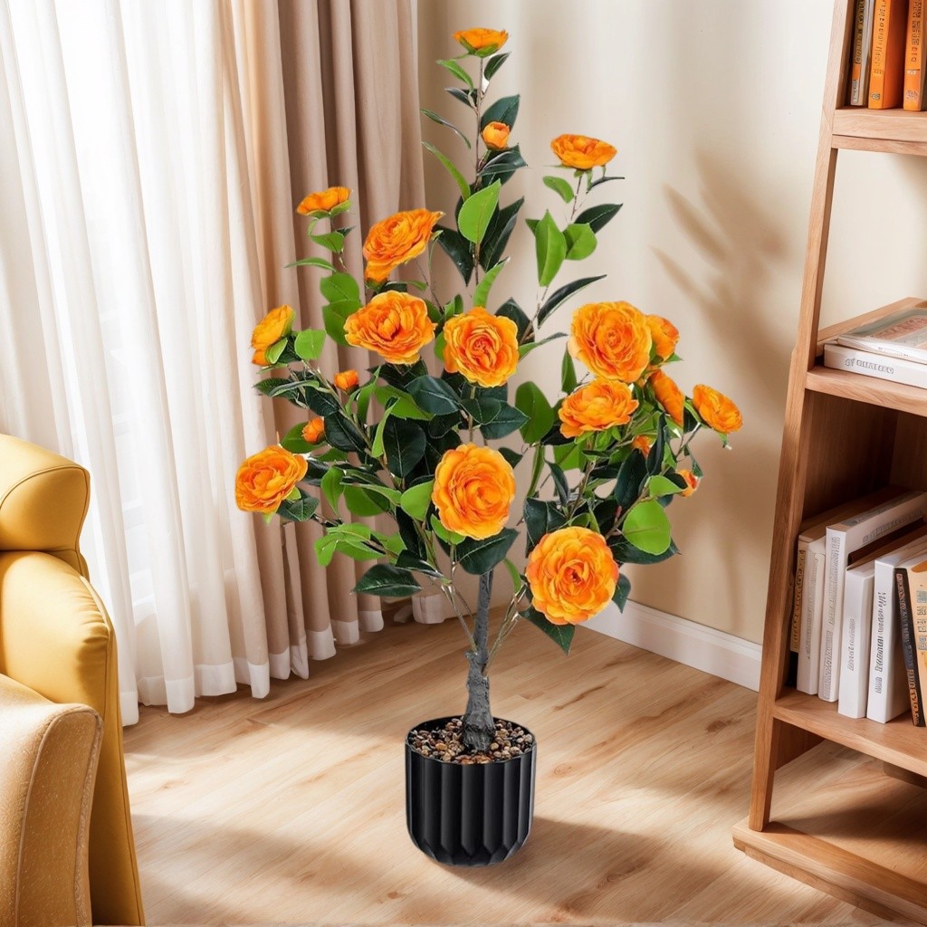 2 Pack Artificial Camellia Tree 36" Faux Plant in Pot with Orange Flowers NEW