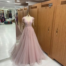 Pink Appliques Evening Dress Sequin A-Line Party Dress Lace V-Neck Prom Dresses