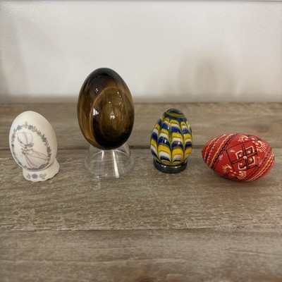 Vintage Decorative Egg Lot Tiger Eye Stone Murano Style Glass Painted Ceramic