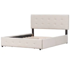 Queen Size Upholstered and 4 Drawers Beige Platform Bed with Classic Headboard