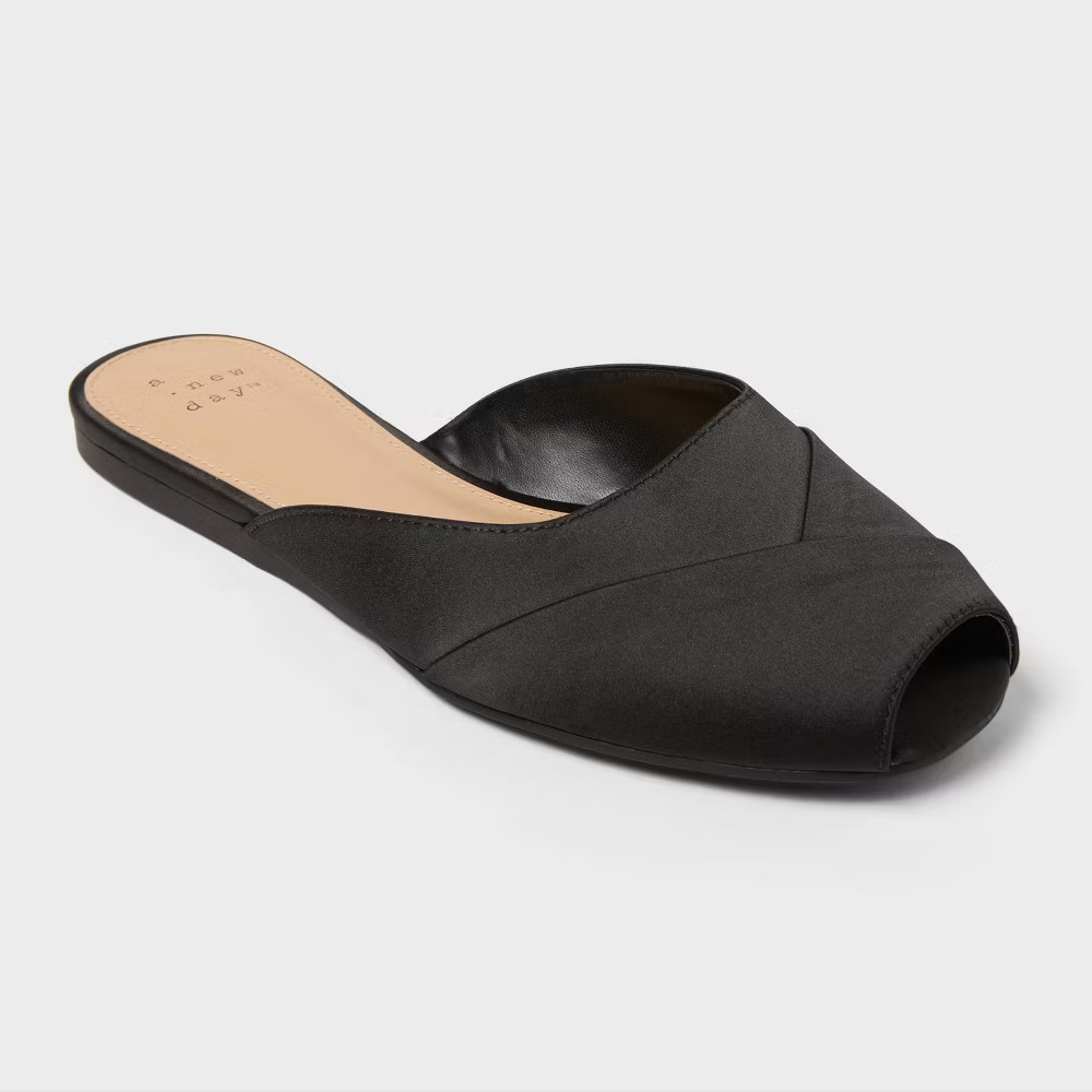 Womens Trina Satin Peep Toe Mule Flats - A New Day Black 3490₽