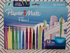    Paper Mate Flair 12 Felt Tip Pens 9 Medium Point 0.7mm, 3 Dual Brush    AS IS