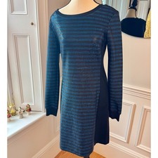 Trina Turk Metallic Stripe Knit Sheath Dress Wedding Guest Blue Black Ponte USA