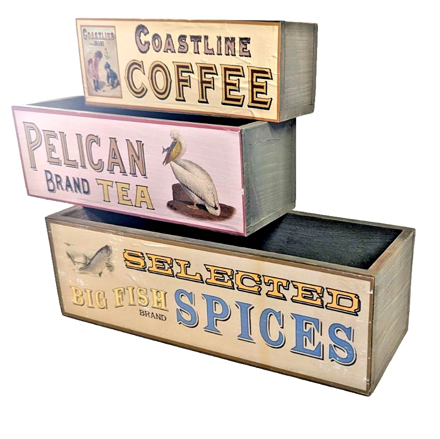 Wood Gray Boxes 3pc Rectangle Spice Coffee Tea Label Design Rustic Storage Gift - Image 4 of 4