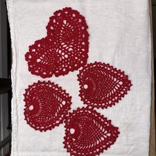 Hand Crocheted Valentine    Heart Doilies Lot Of 4   