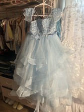 Light Blue Formal Flower Girl Wedding Tulle Dress with Floral Appliqu 