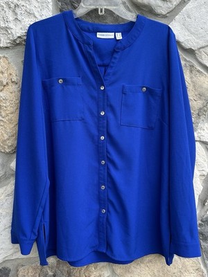 Susan Graver Blouse Top Size 12 (LG) Blue Button Up Elevated Basic Career Wear